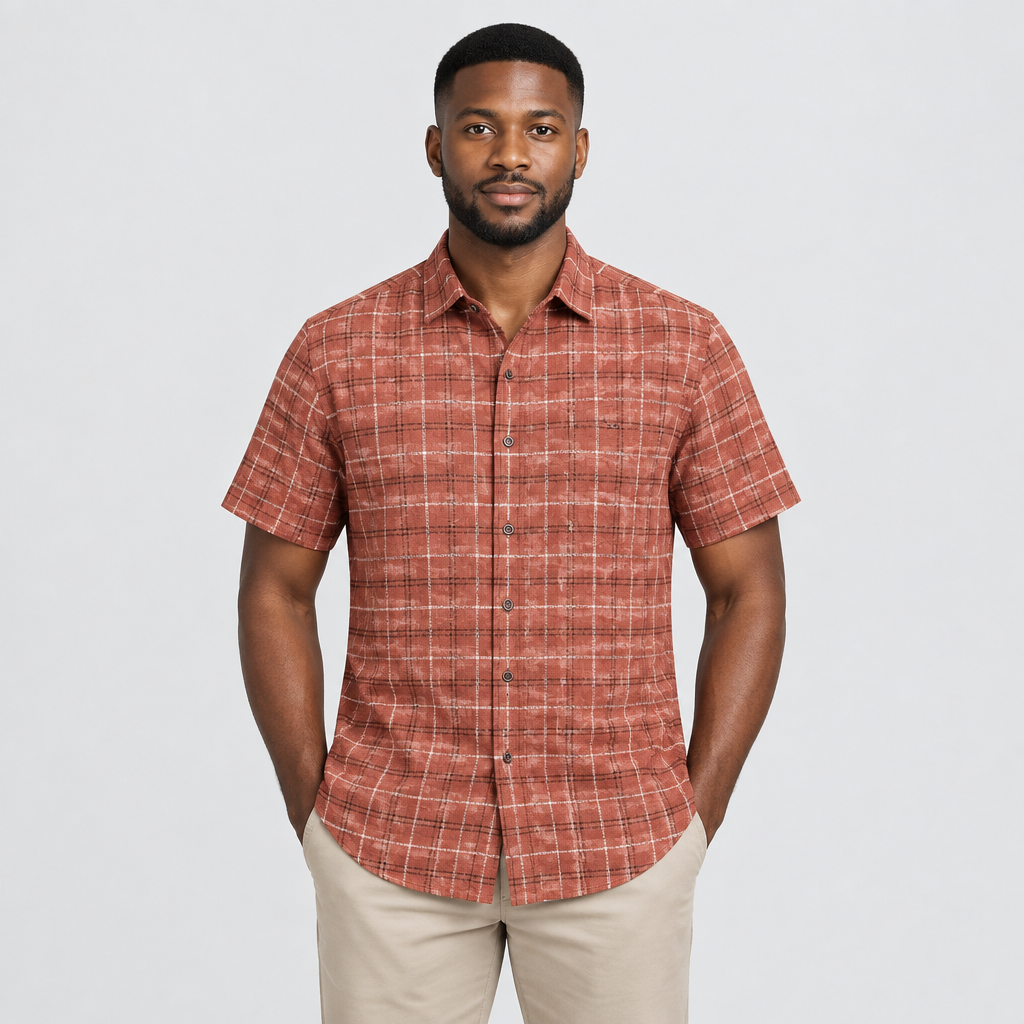 Model wearing rust checked short-sleeve shirt