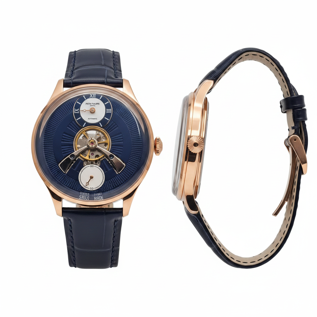 Men's Navy Blue Dial Rose Gold Tourbillon Automatic Watch – Front and Side Ghost Mannequin View