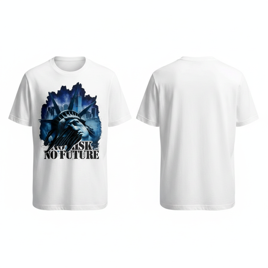 Men's white short-sleeve cityscape graphic tee ghost mannequin front and back view