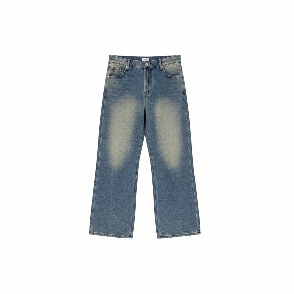 Ghost mannequin of blue vintage wash wide-leg jeans