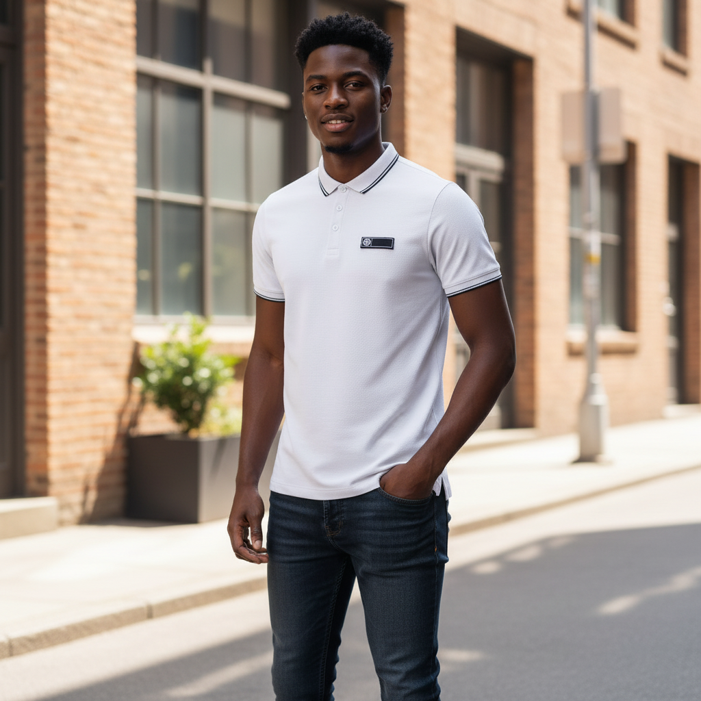 Young Nigerian male model wearing white polo with black badge and tipping
