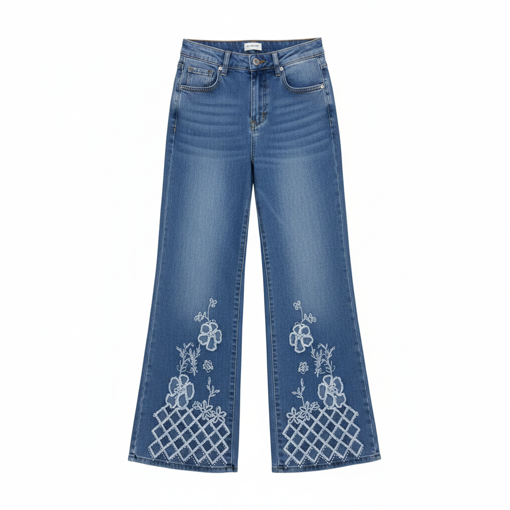 Women's Blue Floral Embroidered Wide-Leg Denim Jeans – Ghost Mannequin Front