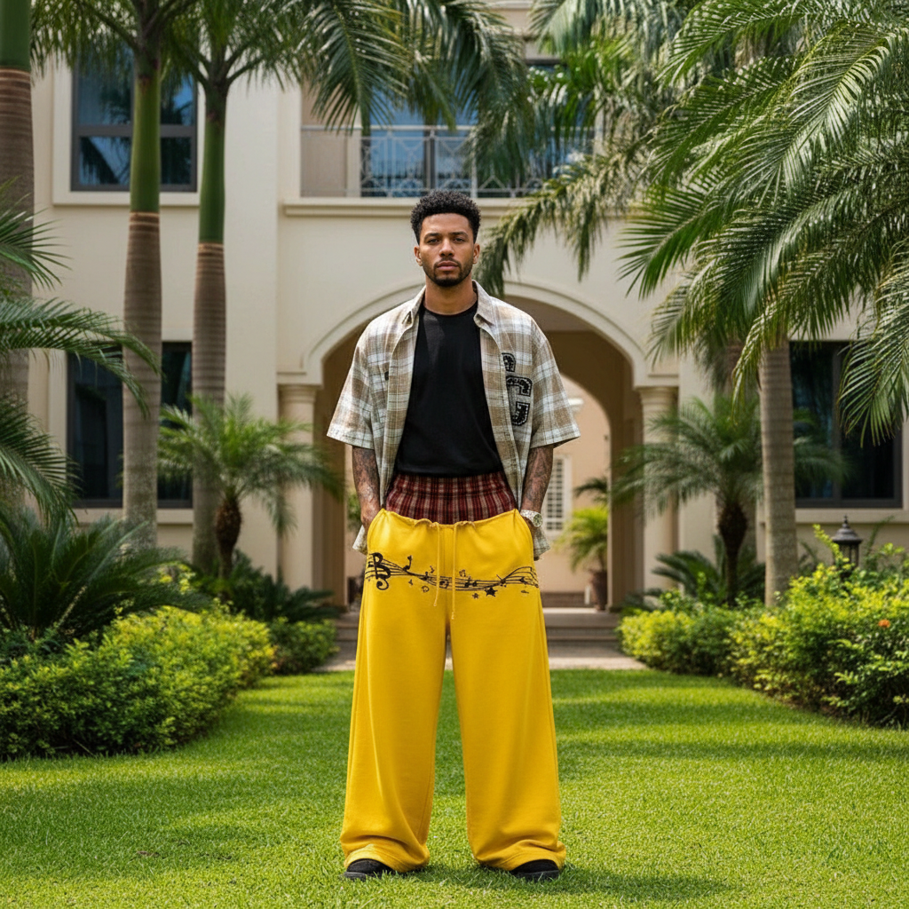 Men's Yellow Music Note Print Wide-Leg Sweatpants – Nigerian Male Model Shot