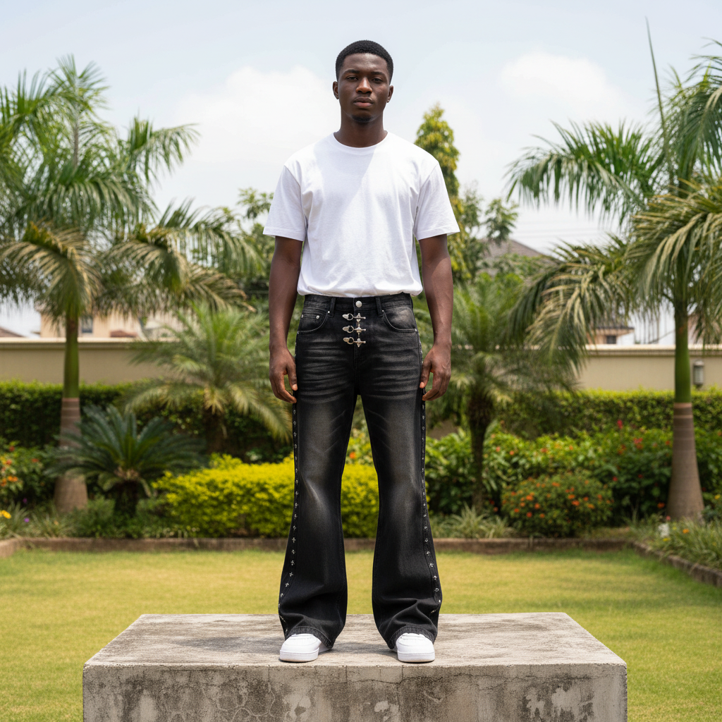 Nigerian male model full body wearing men's black washed cross stitch side seam flared denim jeans