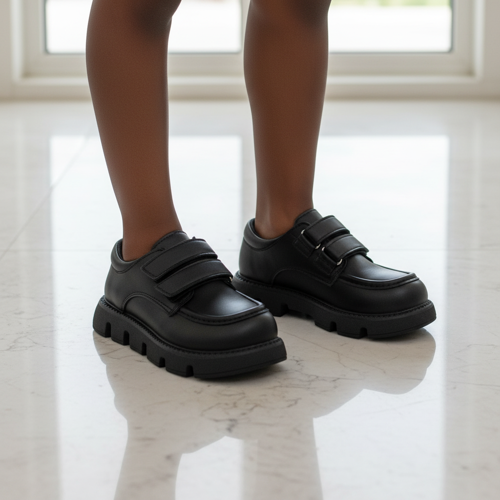 Hiway Kids Double Velcro Strap Platform School Shoe – Model Shot