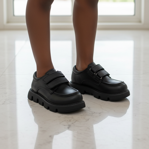 Hiway Kids Double Velcro Strap Platform School Shoe â€“ Model Shot