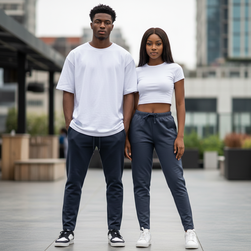 Nigerian male and female models wearing slate navy relaxed tapered zip-ankle jogger trousers