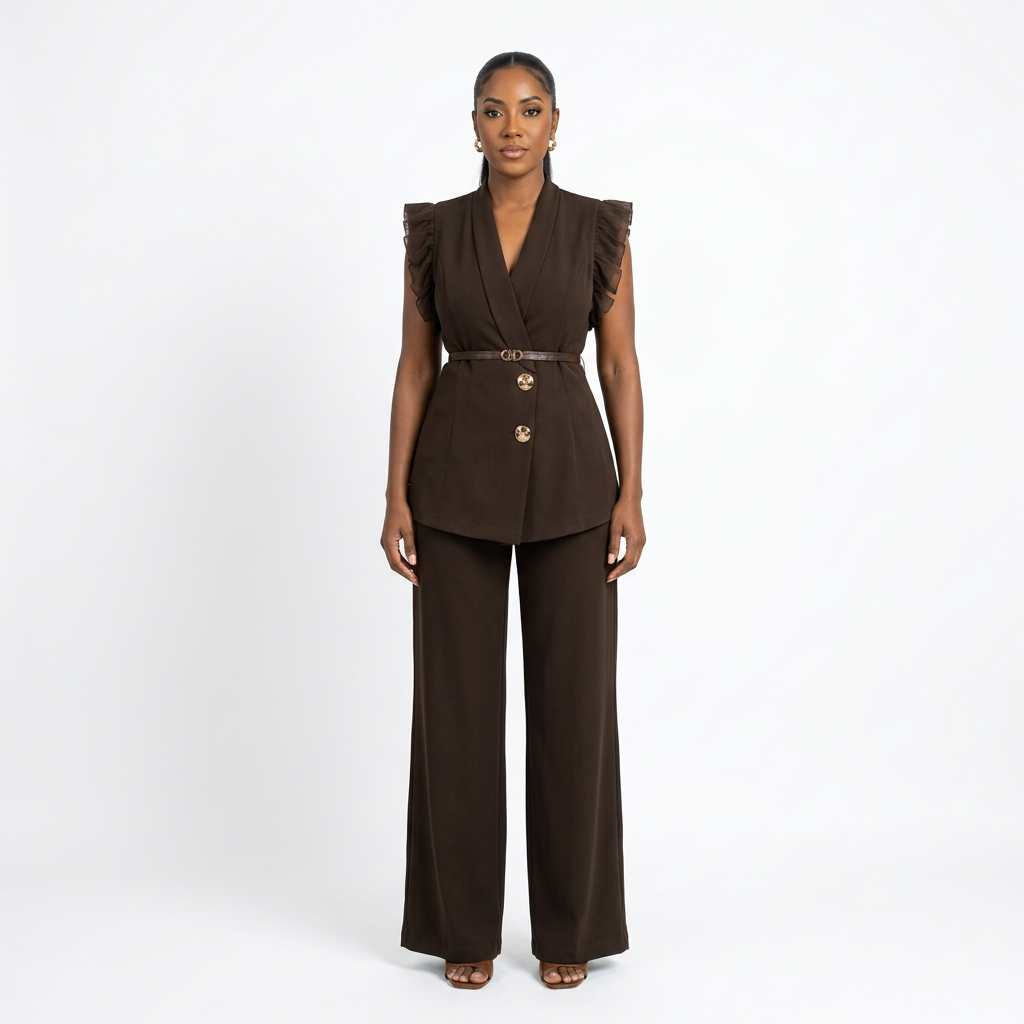 Full-body model wearing the dark-brown matching trouser set