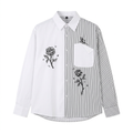 White and black pinstripe rose-print long-sleeve shirt on an invisible mannequin