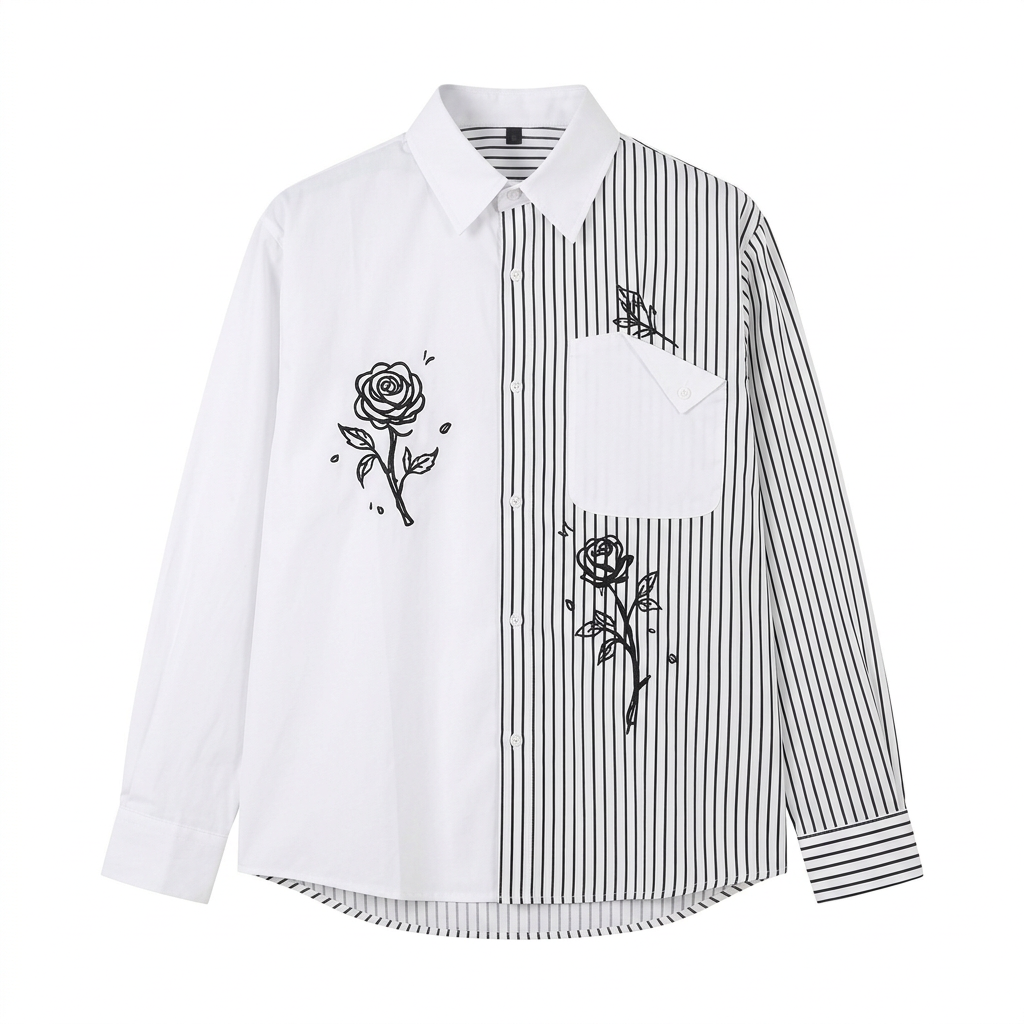 White and black pinstripe rose-print long-sleeve shirt on an invisible mannequin