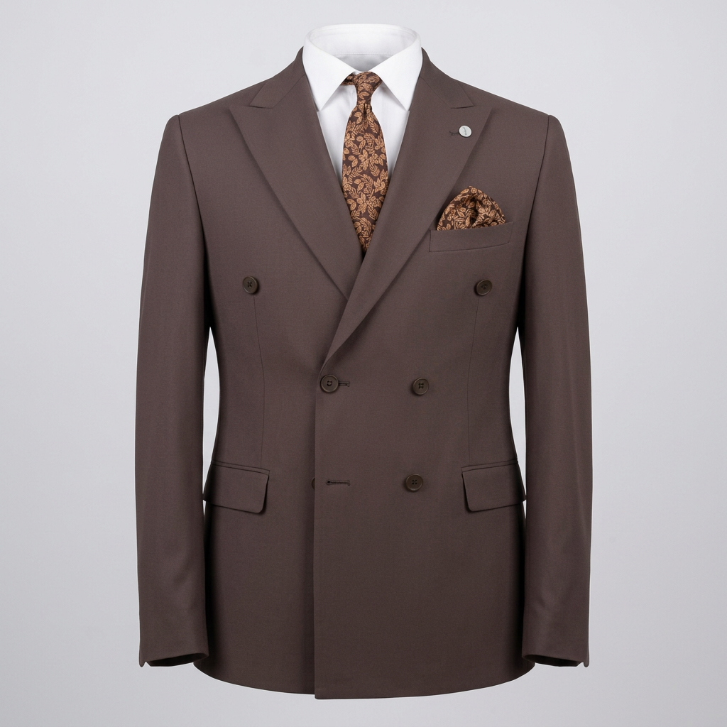 Taupe brown double-breasted suit jacket in ghost mannequin styling