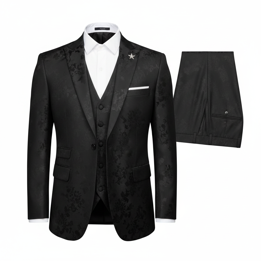 Black jacquard tonal 3-piece suit ghost mannequin view