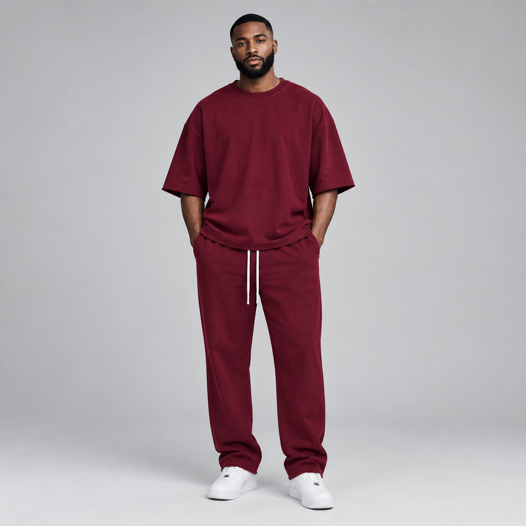 Nigerian male model wearing burgundy oversized t-shirt and jogger tracksuit set