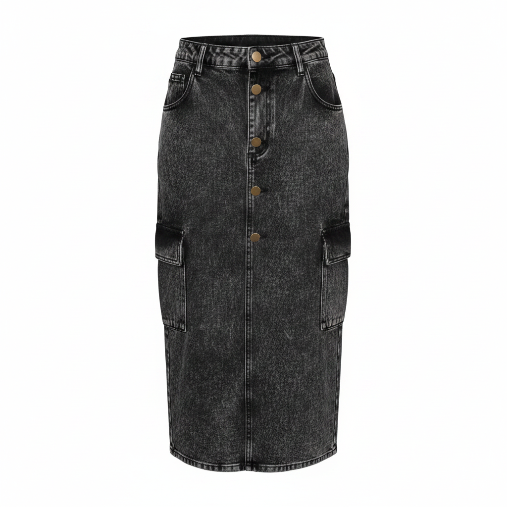 Ghost Mannequin – Black Acid-Wash Cargo Denim Midi Skirt
