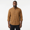 Adult Black model wearing a brown micro-check shirt with sleeves rolled up