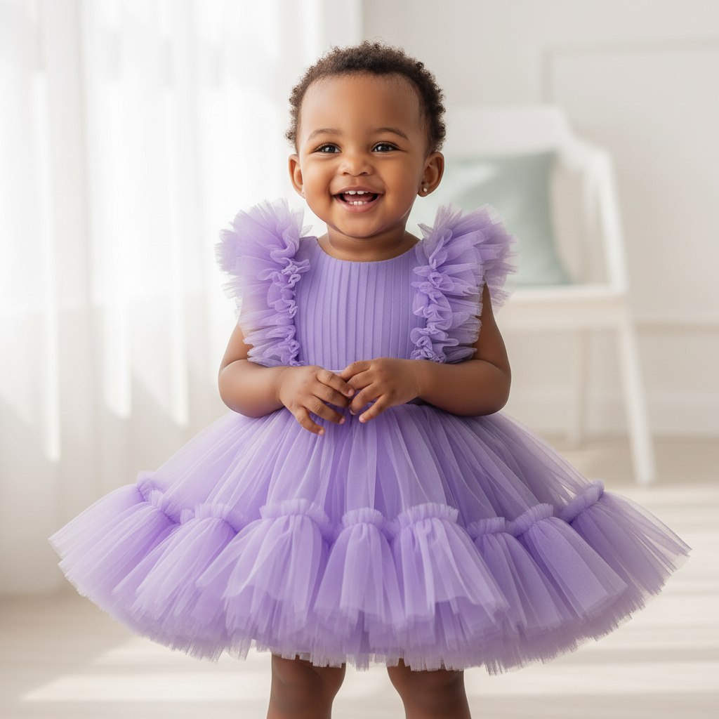 Nigerian baby girl wearing purple tulle ball gown