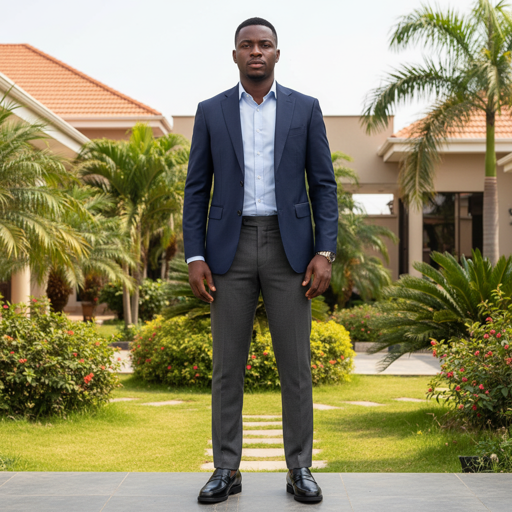 Nigerian male model wearing black leather brogue toe penny loafer shoes in garden setting