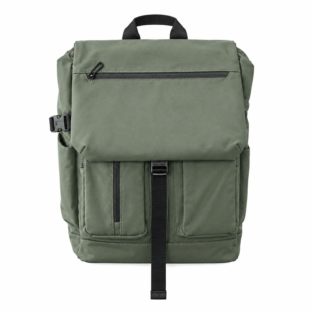 Olive backpack with zipped flap and central black buckle strap