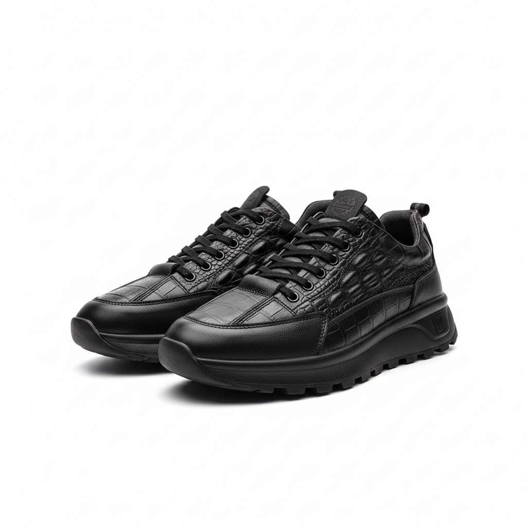 Men's all-black croc-embossed chunky sneakers ghost mannequin view