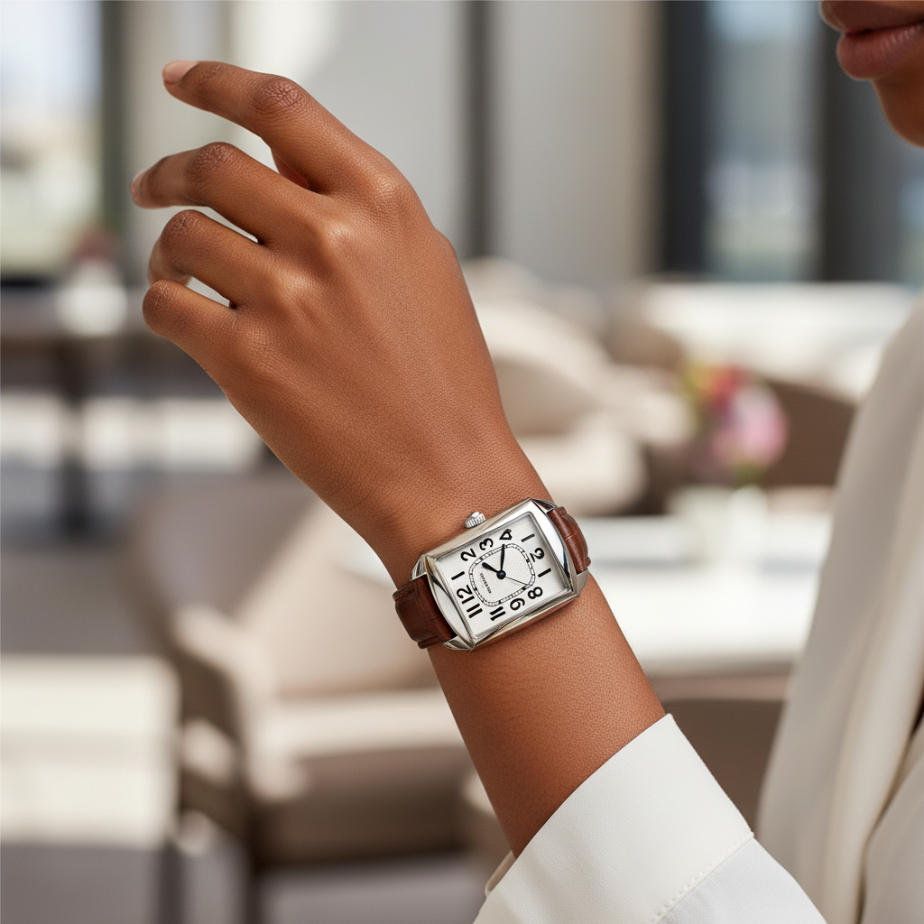 Women's silver plain bezel white guilloche dial tonneau watch worn on Nigerian model wrist — brown strap lifestyle wrist shot