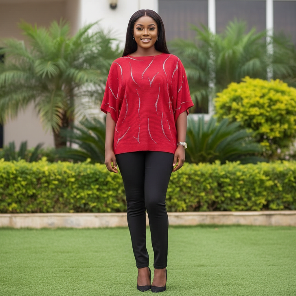 Nigerian female model wearing red rhinestone wave batwing knit top - front view