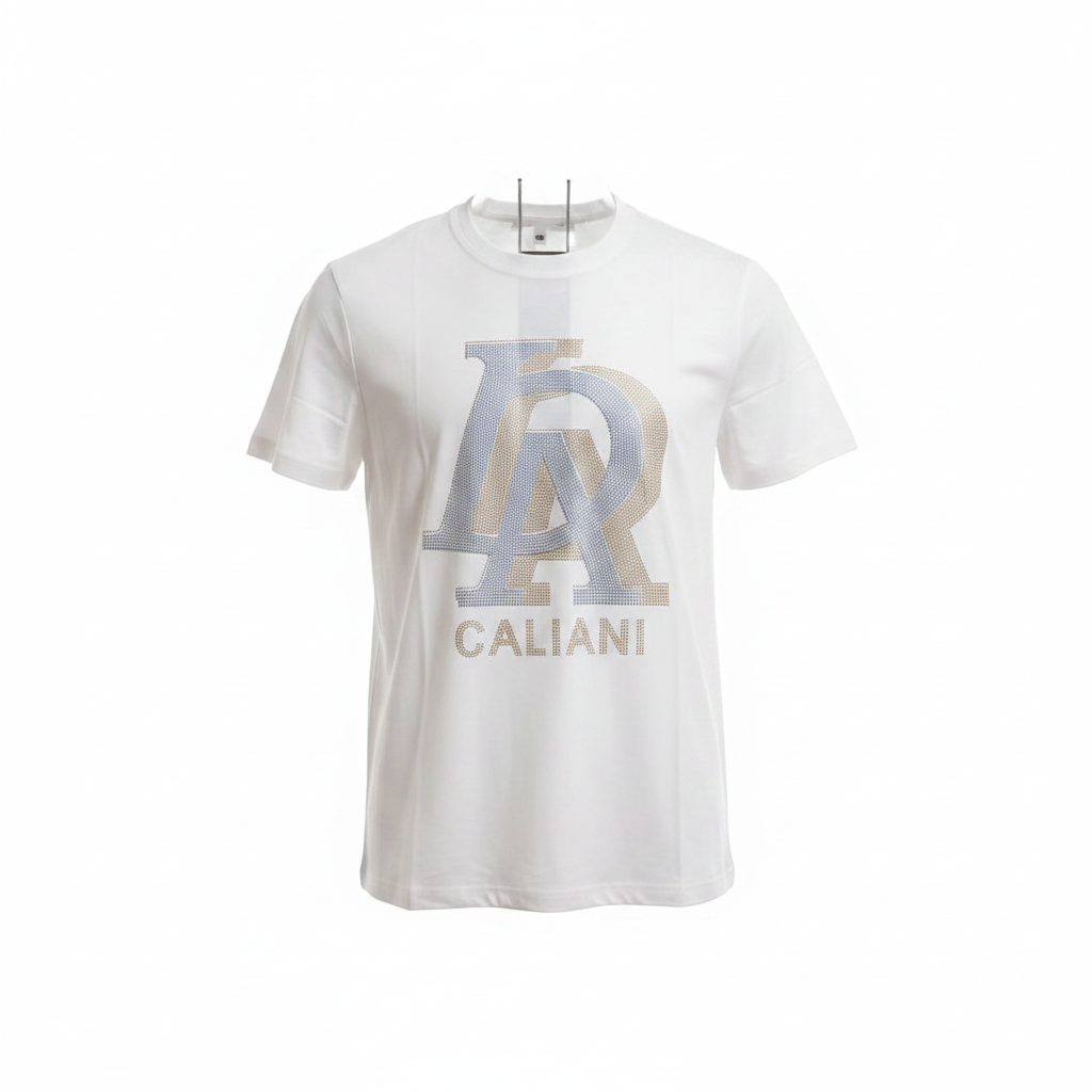 Ghost mannequin front view of white rhinestone graphic T-shirt