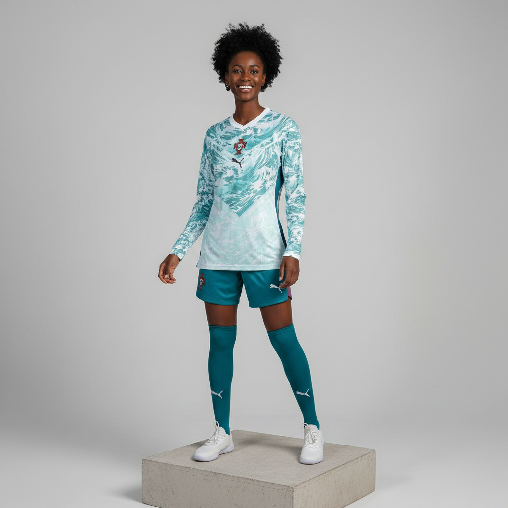 Nigerian female model wearing white teal wave long sleeve football jersey on concrete plinth