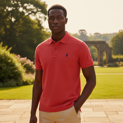 Nigerian model wearing Premium Ralph Red Pique Polo Shirt