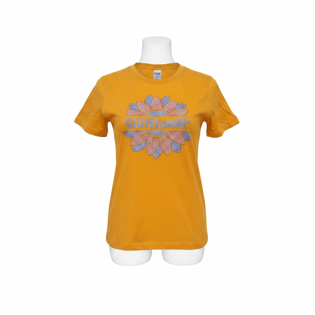 Women's mustard yellow rhinestone crystal sunflower graphic crew neck tee - ghost mannequin front view