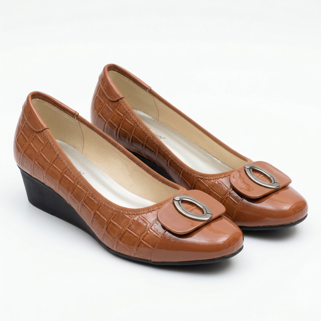 Matching cognac brown oval-detail wedge shoes