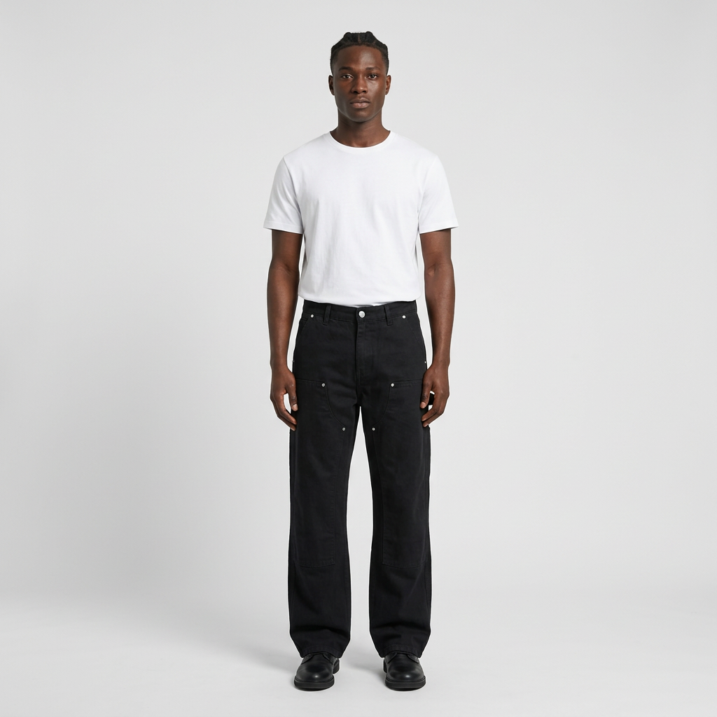 Full-body male model wearing black stud-detail jeans