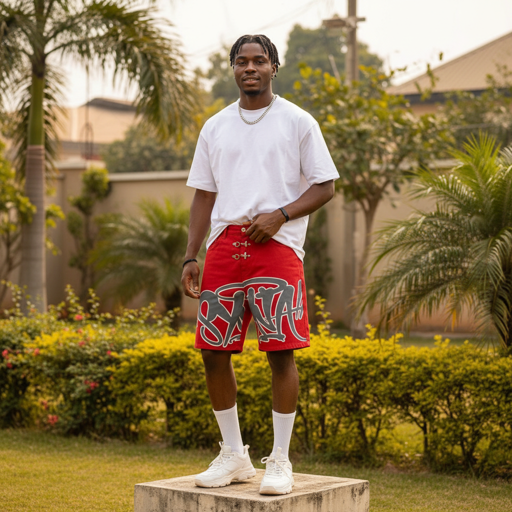 Nigerian male model wearing men's red graffiti tag print clasp hardware denim shorts streetwear style