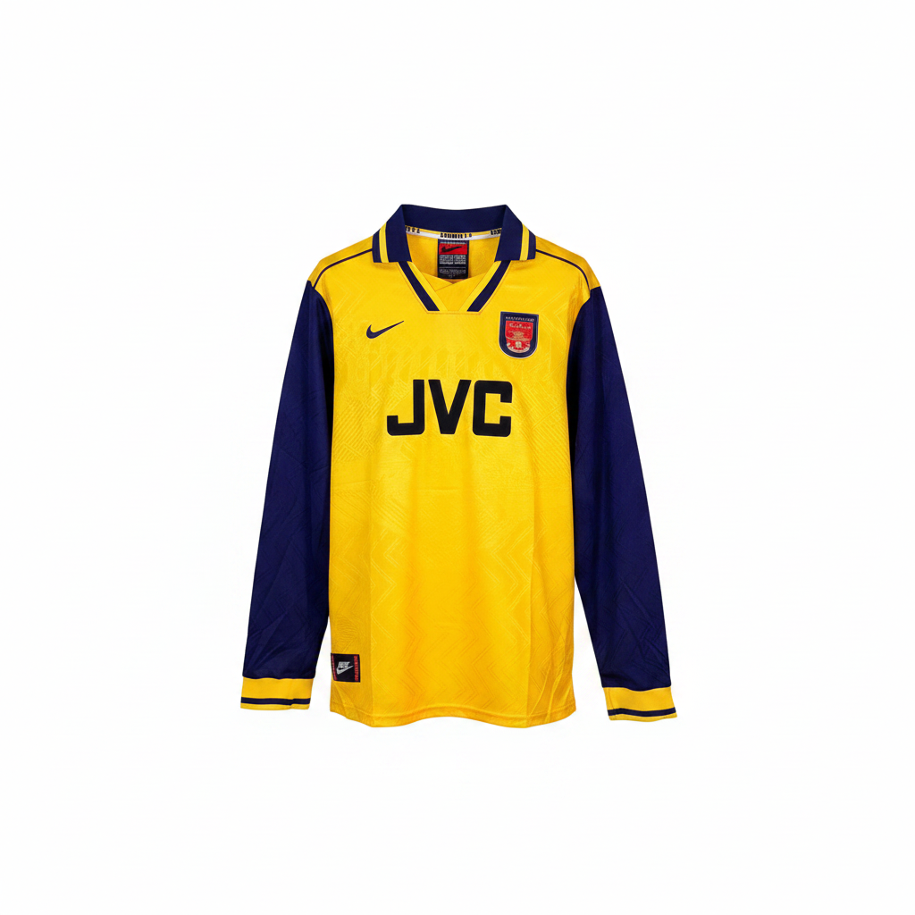 Yellow and navy long-sleeve retro football jersey with V-neck collar, ghost mannequin front view