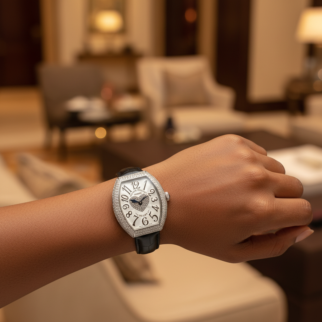 Women's silver crystal heart dial tonneau watch worn on Nigerian model wrist — lifestyle wrist shot