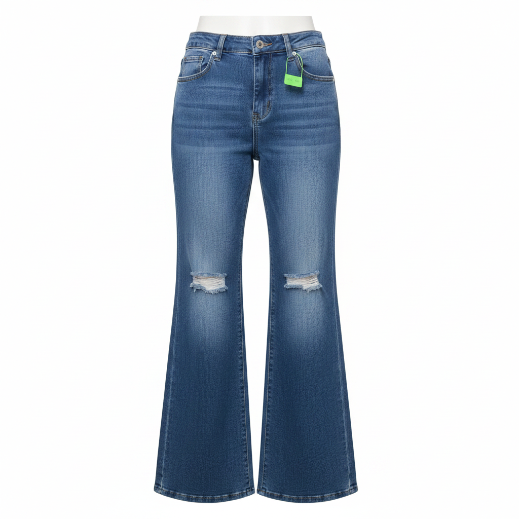 Ghost mannequin of blue washed ripped knee wide-leg jeans