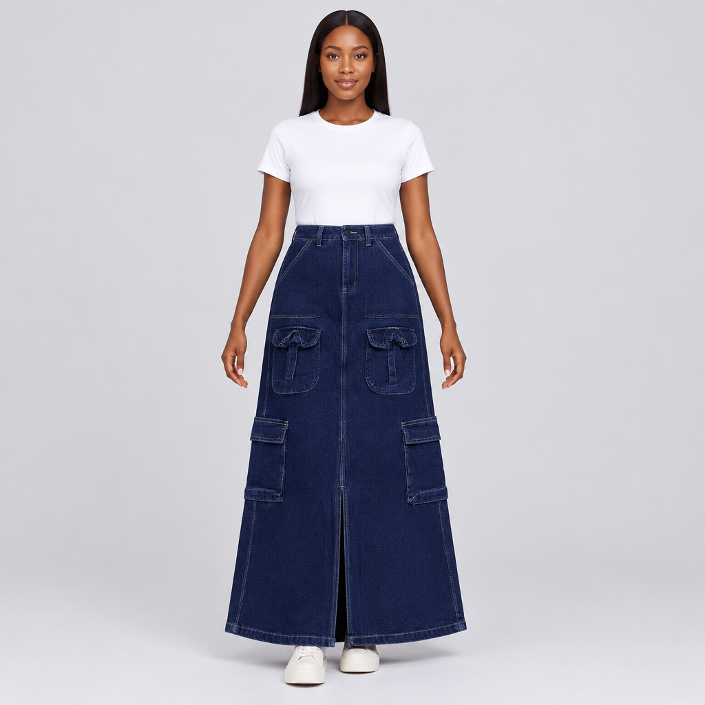 Female model wearing dark indigo denim cargo skirt