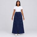 Female model wearing dark indigo denim cargo skirt