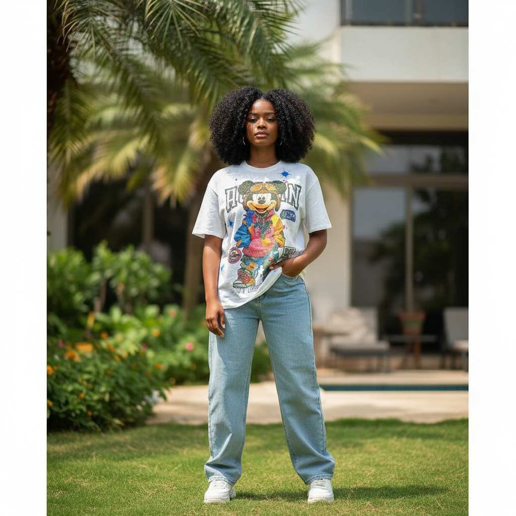 Nigerian female model wearing Women's White Oversized Cartoon Graphic Tee