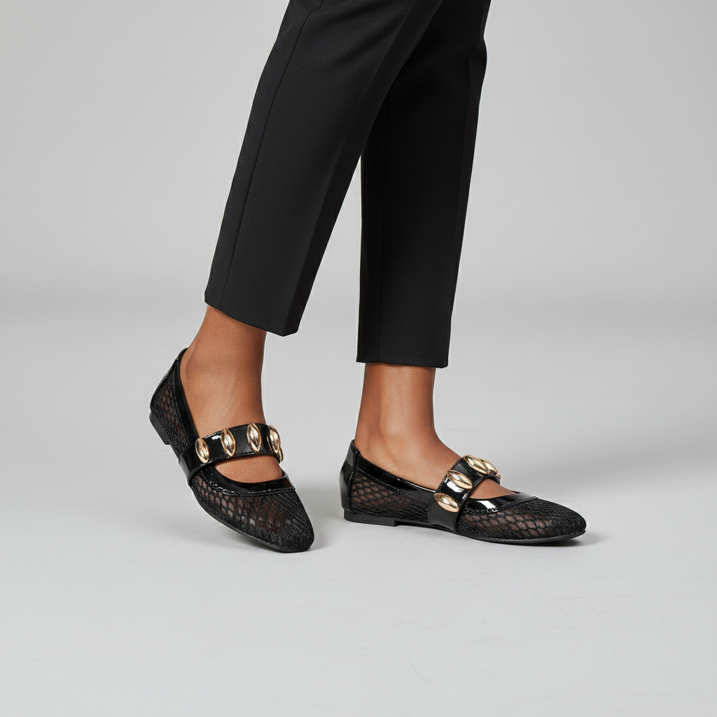 Women's Mesh Gold-Embellished Flat Ballet Pump - Black Model Editorial Leg Zoom