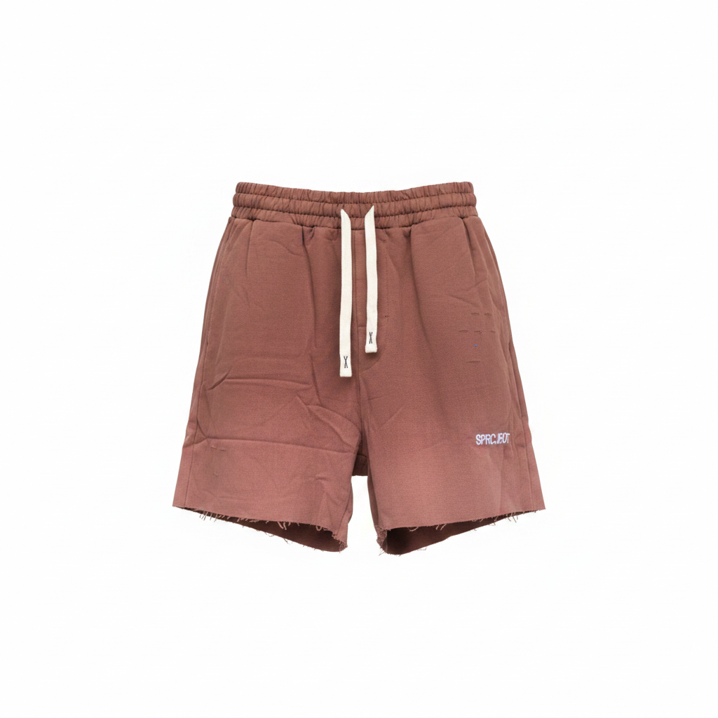 Men's terracotta bleached graphic distressed sweat shorts — ghost mannequin front view