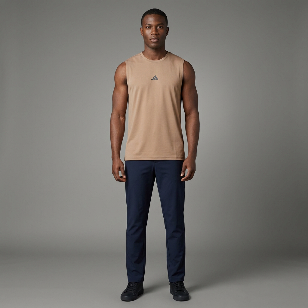 Man wearing taupe sleeveless top on plain studio background