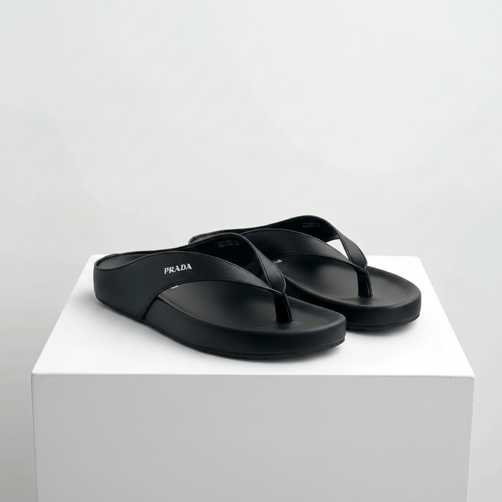 Men's black leather thong flip-flop sandals pair on white platform