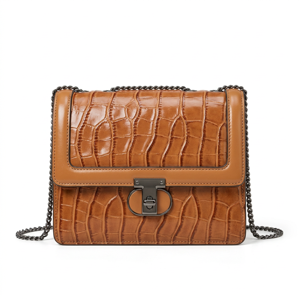 Women's cognac brown embossed flap shoulder bag with dark chain and ring-detail clasp