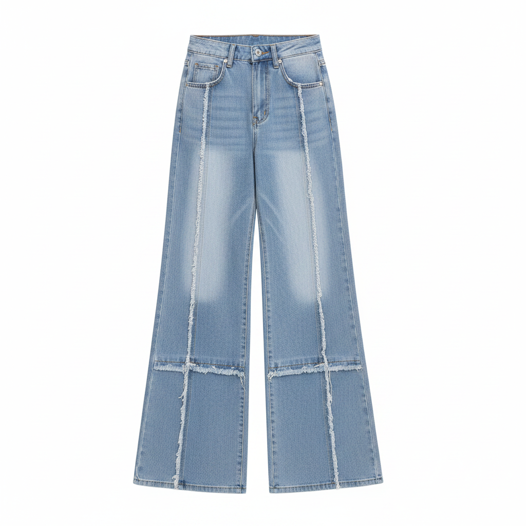 Women's light blue high-waist wide-leg deconstructed panel jeans — ghost mannequin front view