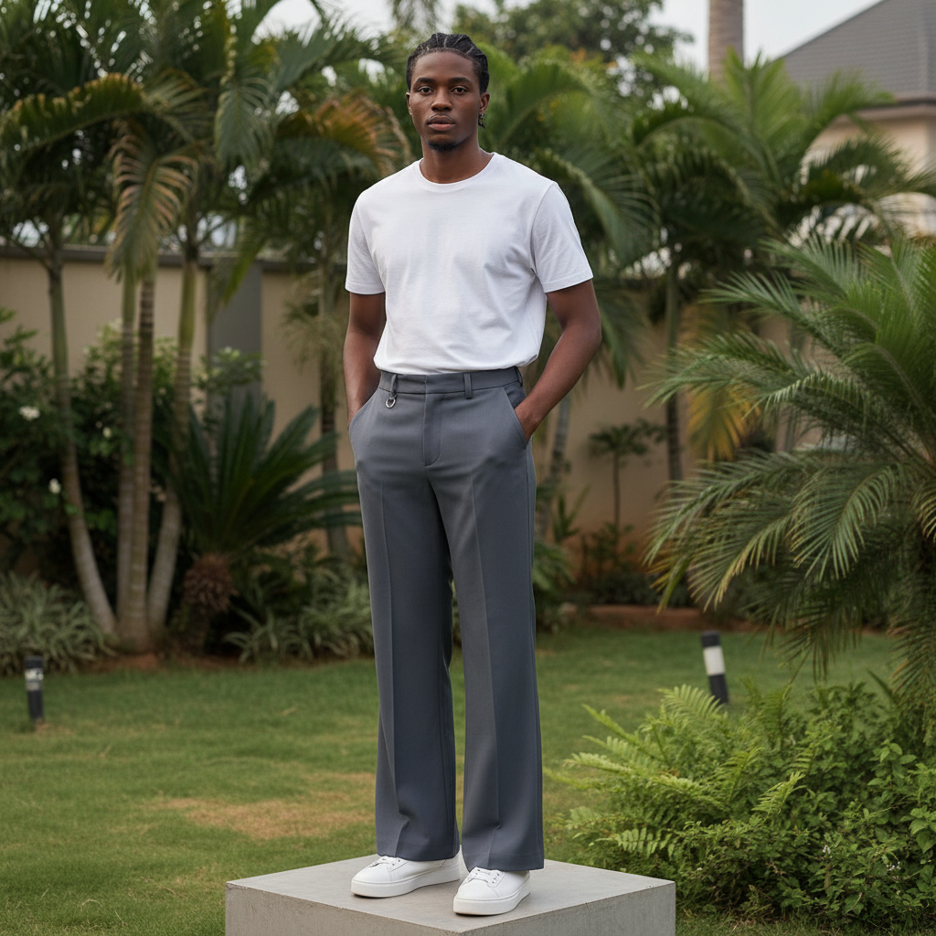 Men's Charcoal Grey Wide-Leg Palazzo Trousers – Nigerian Male Model Shot