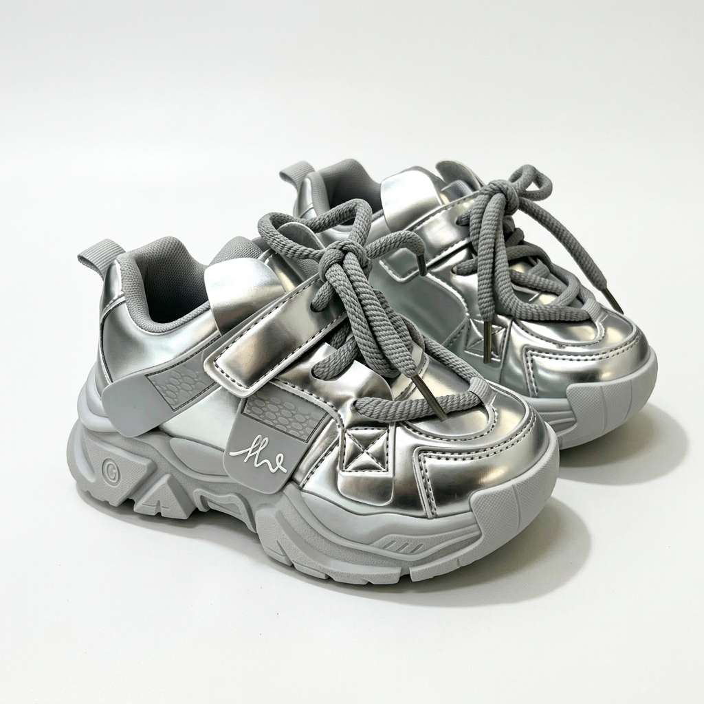 Matching metallic silver chunky lace-up trainers