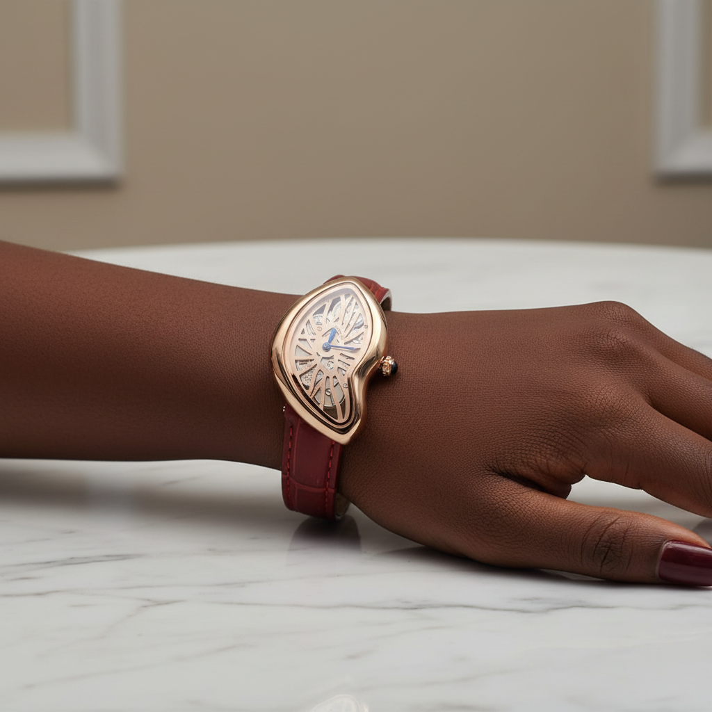 Black Nigerian woman wrist shot wearing asymmetric rose gold skeleton dial watch with red strap