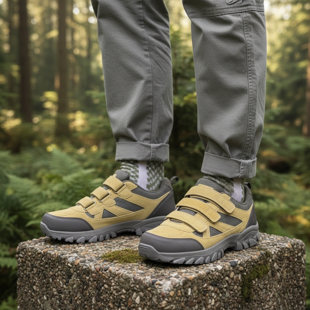 Model wearing yellow olive suede velcro-strap hiking trail sneakers leg shot
