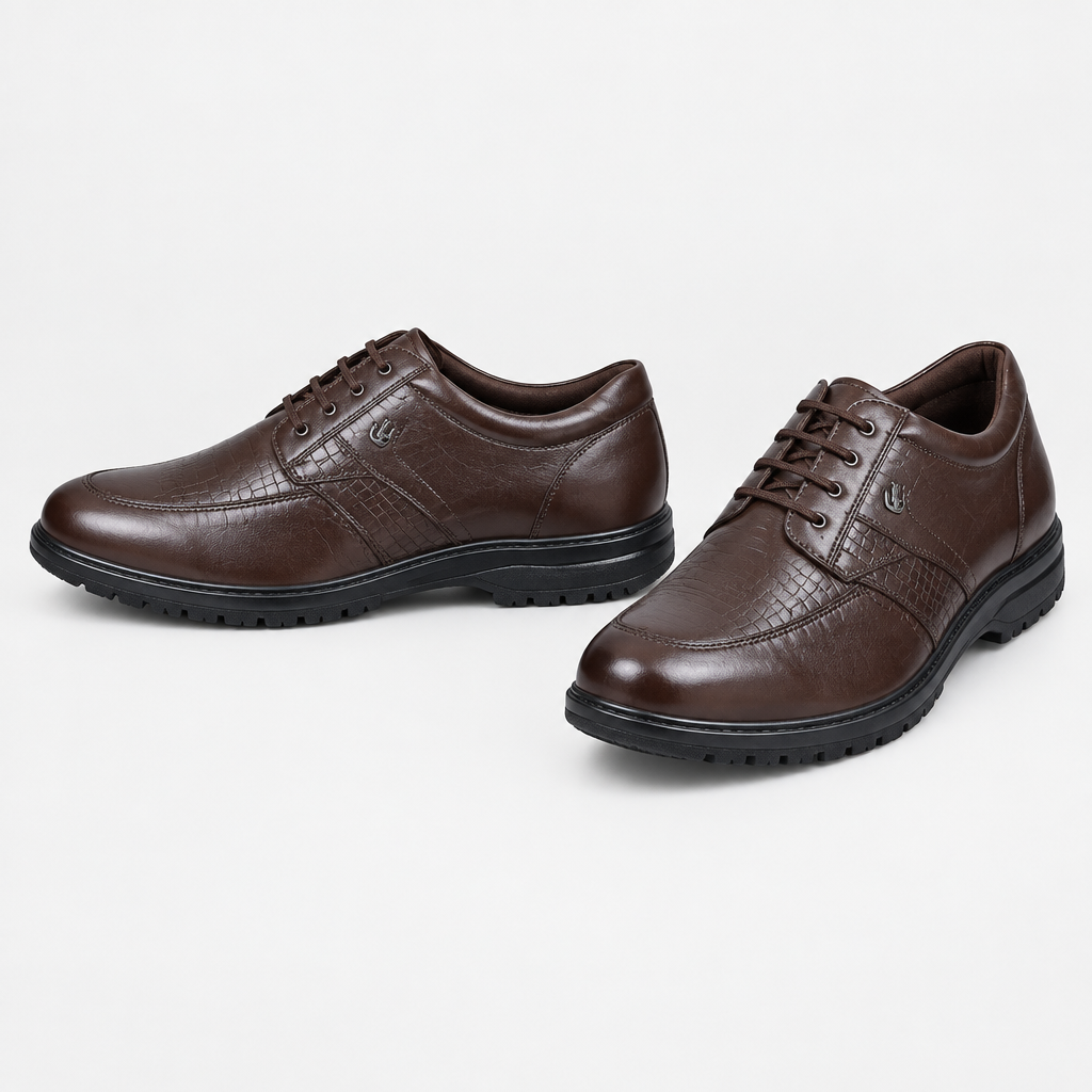 Brown textured lace-up shoes, pair views