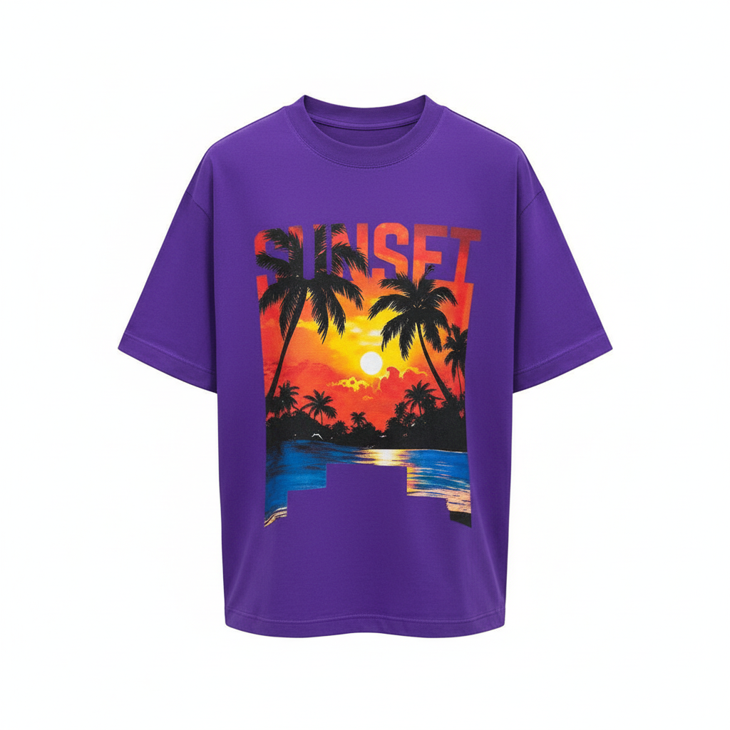 Sunset LA Graphic Tee Purple – Front Ghost Mannequin
